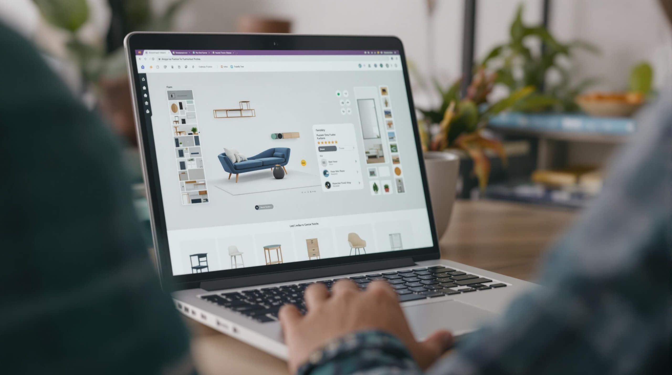 Person designing a modern living room layout on a laptop, showcasing creativity and remote digital work flexibility.