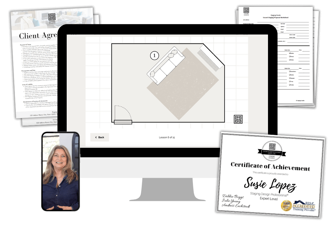 The online home stager training course is open on a desktop computer monitor, displaying an educational lesson showing furniture placement, stager templates, and a home staging certification
