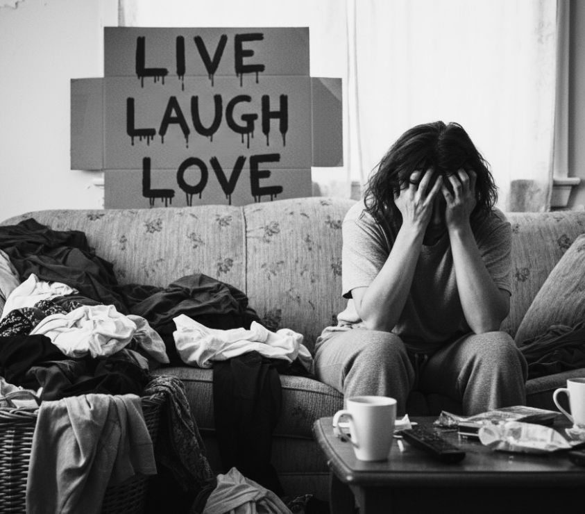 a woman sitting on a couch beneath a "live, laugh, love" sign, looking depressed