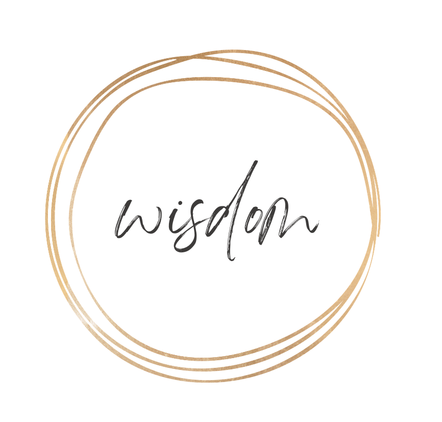 Wisdom in handwritten script surrounded by overlapping gold circles.