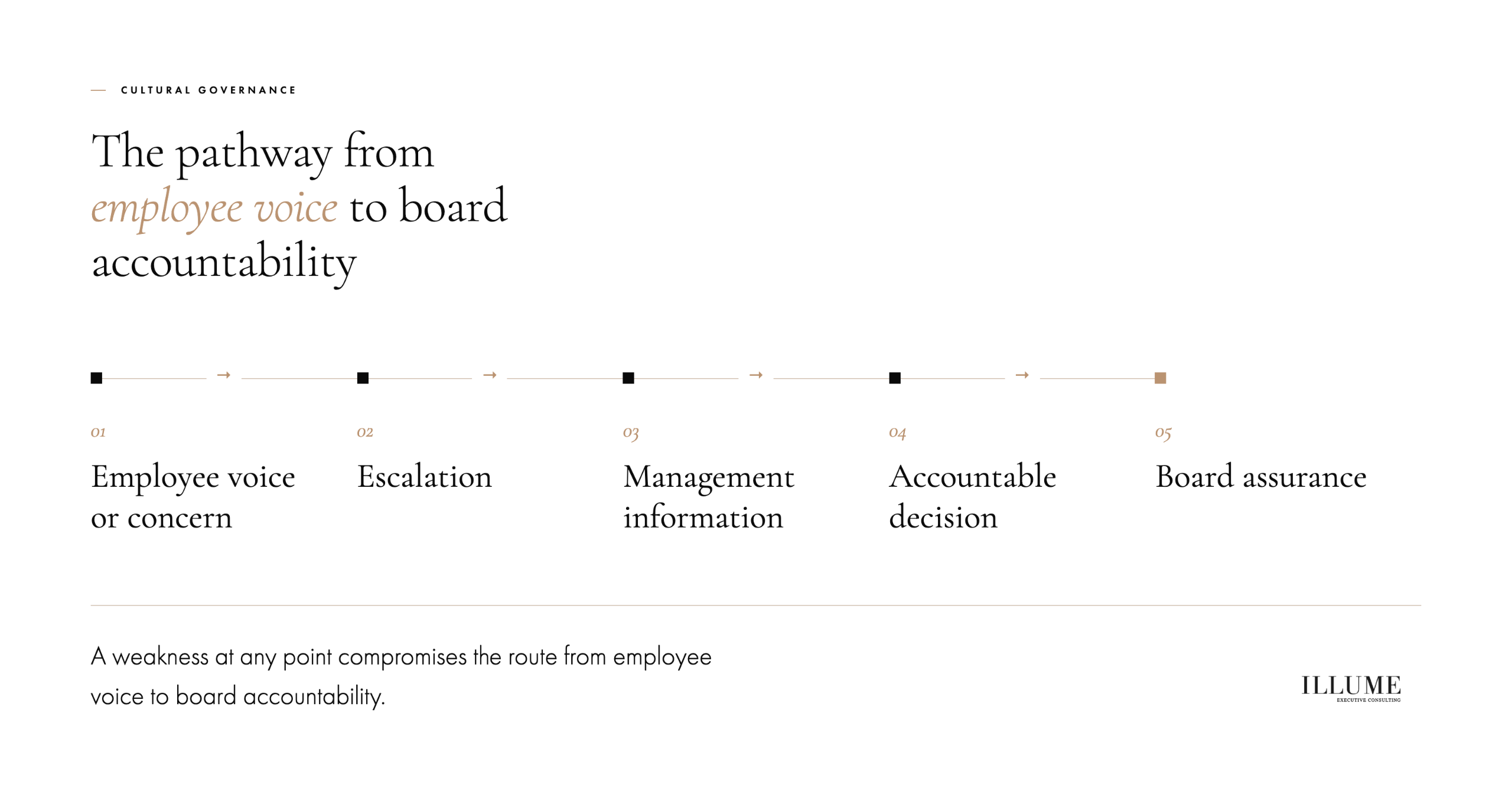 Illume cultural governance pathway connecting employee voice, escalation, management information, accountable decisions and board assurance