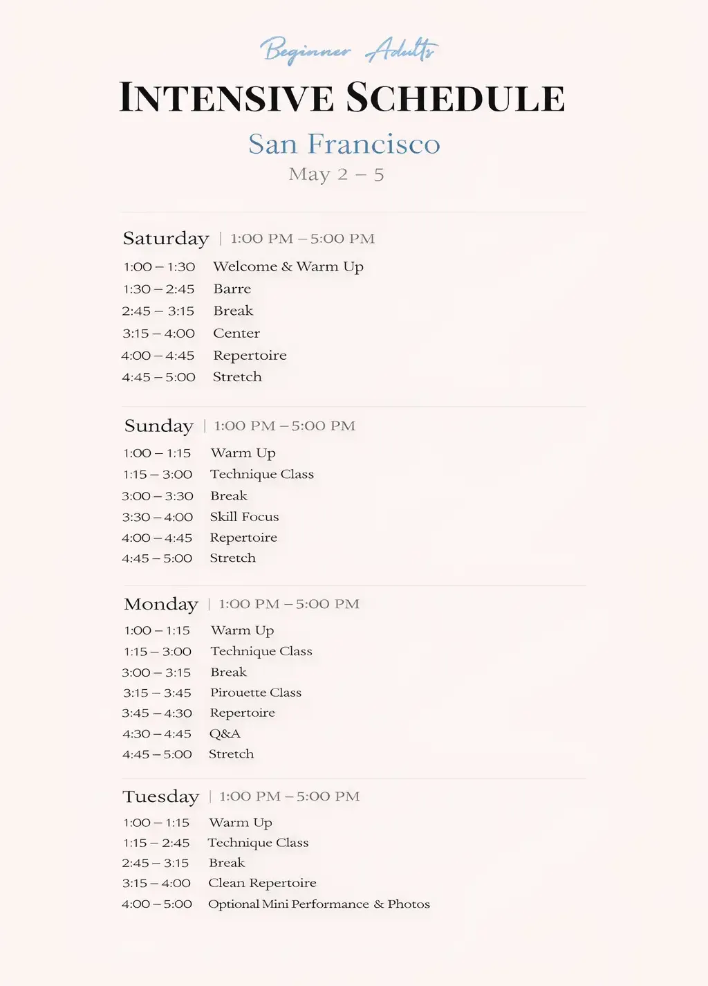 san francisco beginner intensive Schedule
