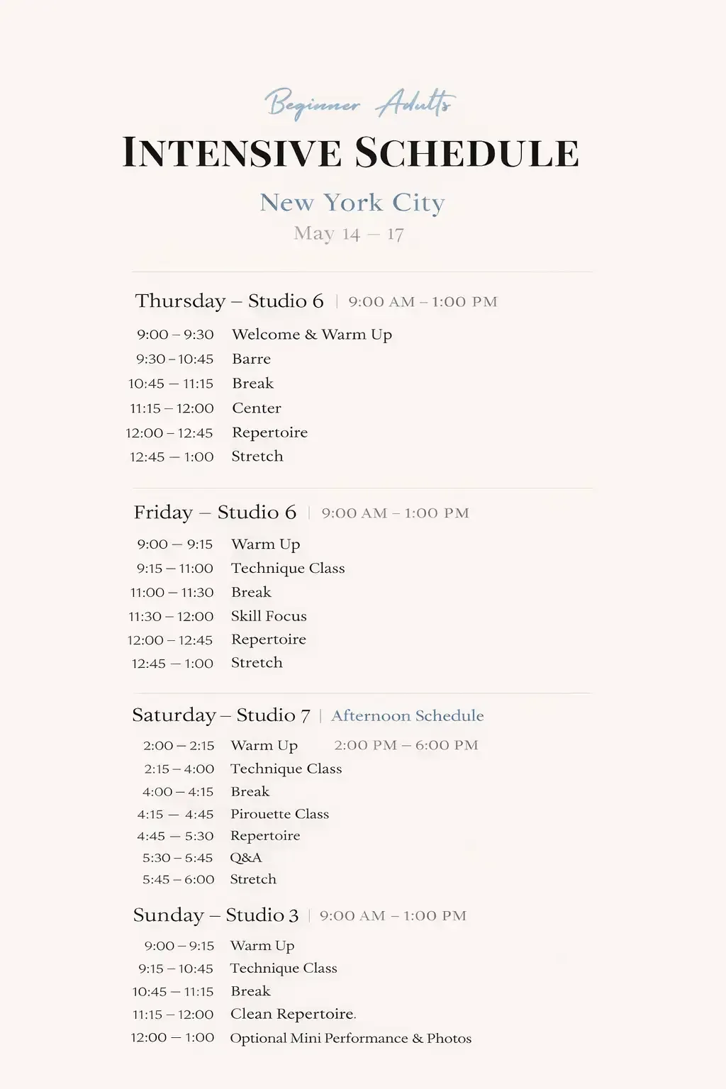 new york beginner intensive Schedule