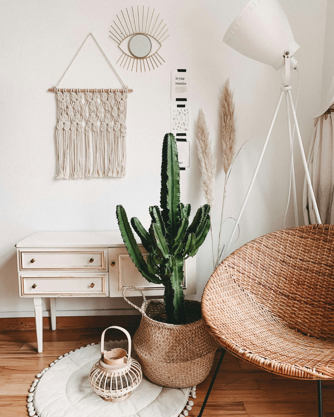 boho office corner with plants and chair