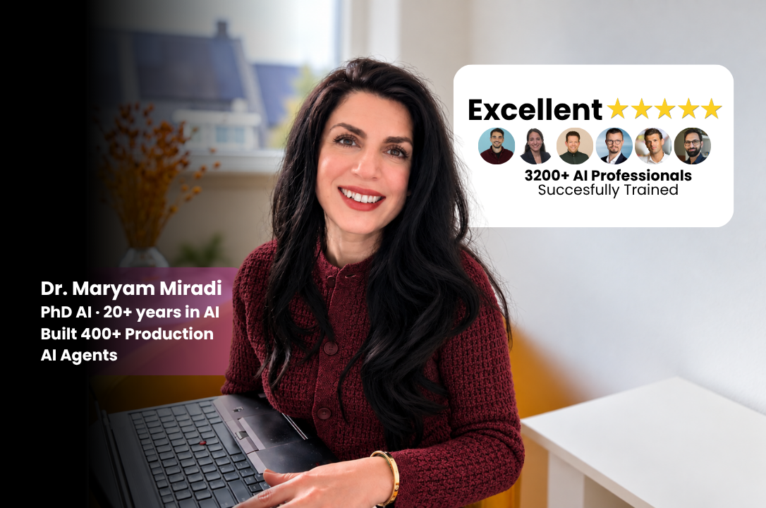 Dr. Maryam Miradi, instructor of AI Agents Mastery 7-in-1, PhD in AI with 20+ years of experience and 400+ production AI agents built. The course has trained 3,200+ AI professionals and is rated 5 stars.