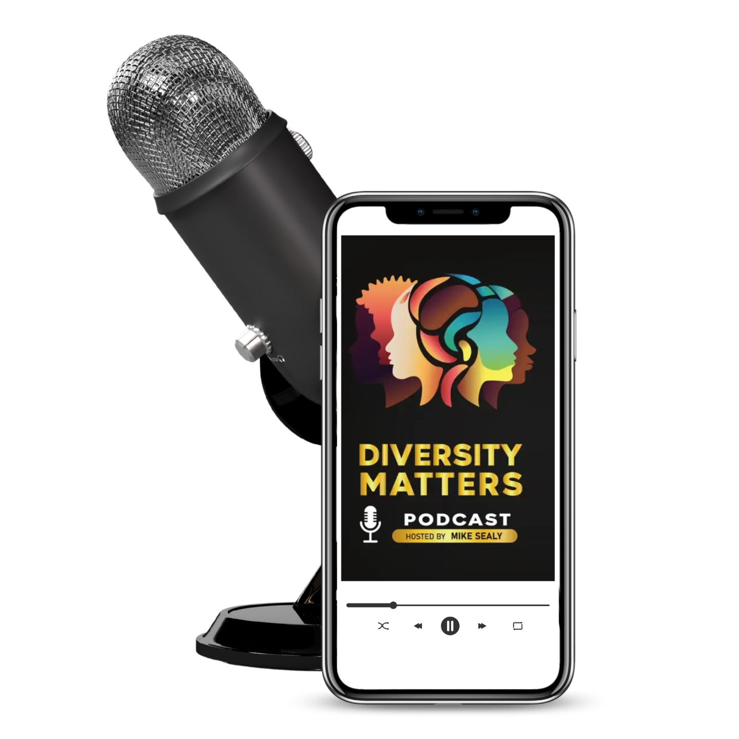 “Podcast cover titled ‘Diversity Matters’ displayed on a smartphone next to a black studio microphone.”