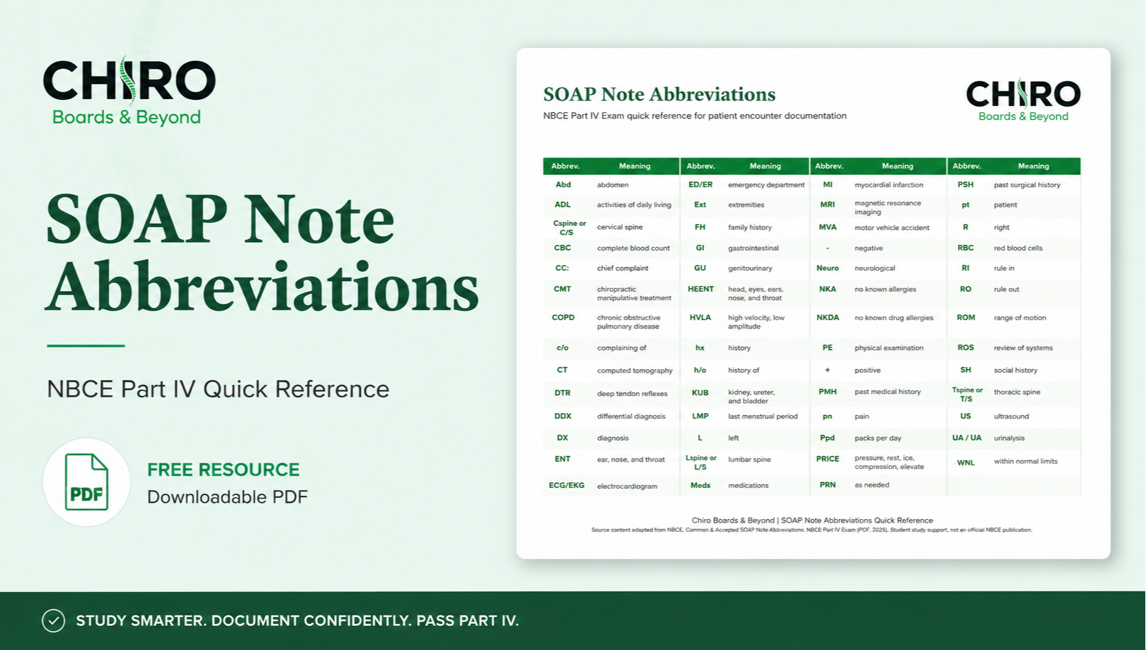 Branded Chiro Boards & Beyond free resource graphic for a SOAP Note Abbreviations quick reference PDF designed for chiropractic students preparing for the new NBCE Part IV format. The image features a seafoam green background, Chiro Boards & Beyond branding, a downloadable PDF icon, and a preview of the SOAP Note Abbreviations study sheet used for patient encounter documentation, clinical reasoning, and Part IV board preparation.