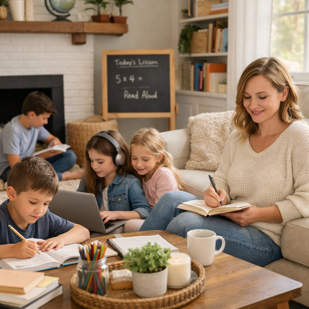 Mom and kids learning at home