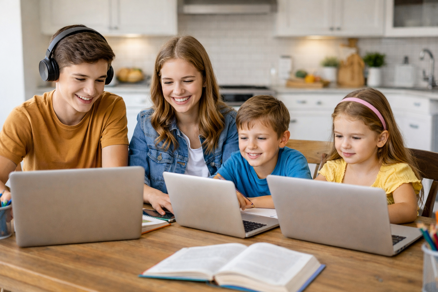 Happy homeschool kids learning together on laptop