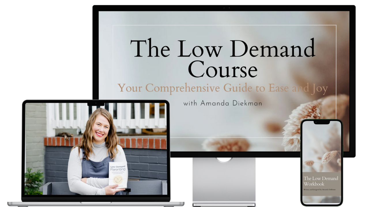 Computer, tablet, and phone displaying the Low Demand Parenting course