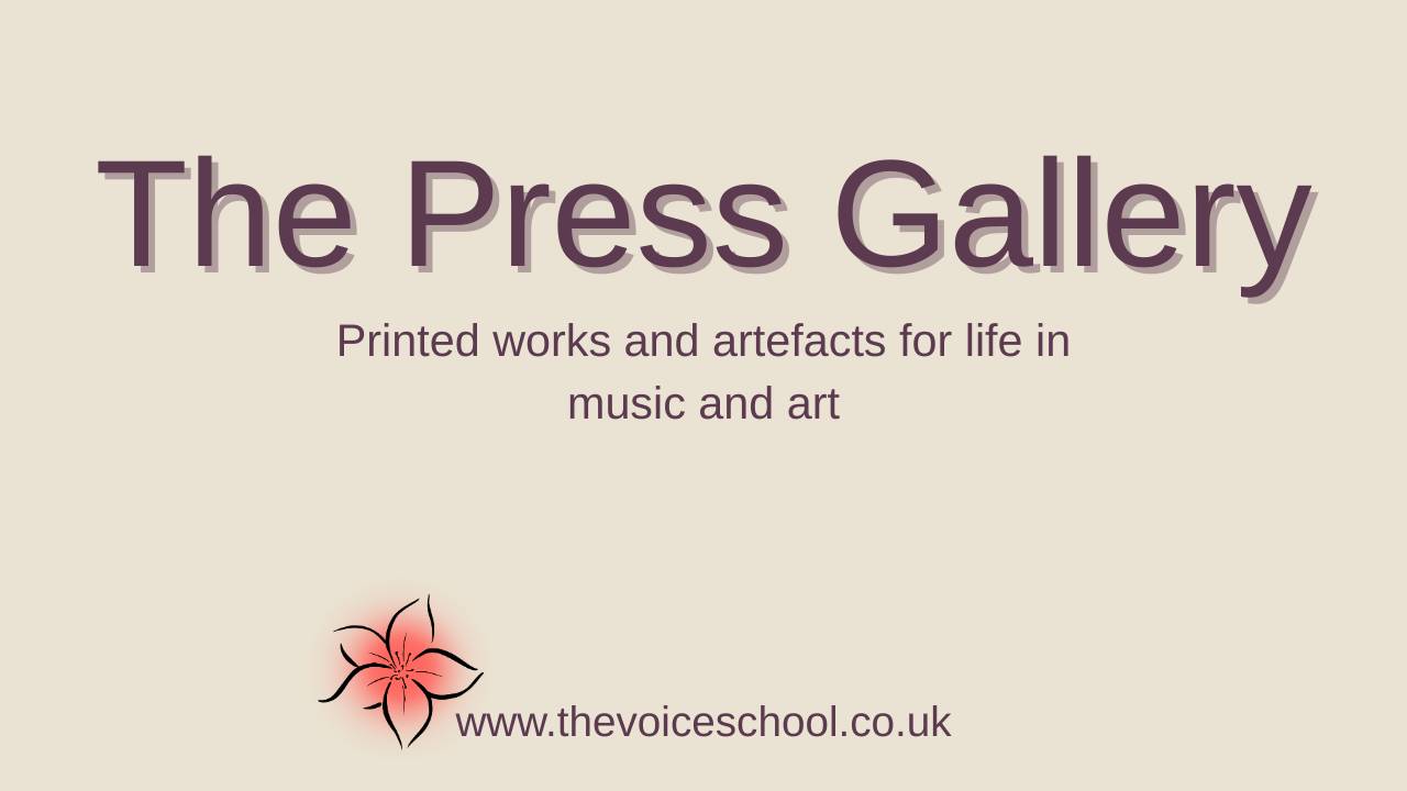 A warm minimalist graphic titled “The Press Studio,” in parchment and rose-peach tones, inviting visitors to explore printed works that unite music, art and daily life.