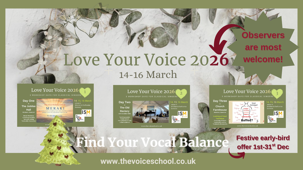 Love Your Voice 2026 artwork – three-day workshop weekend for classical solo singers in Winsham, Somerset, 14–16 March 2026.