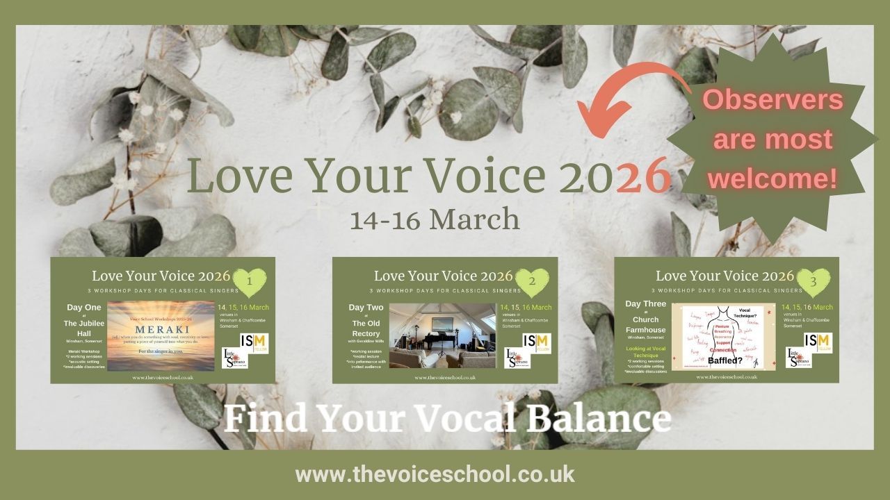 Love Your Voice 2026 artwork – three-day workshop weekend for classical solo singers in Winsham, Somerset, 14–16 March 2026.