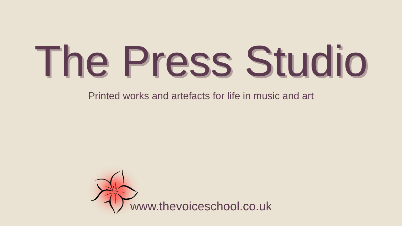 A warm minimalist graphic titled “The Press Studio,” in parchment and rose-peach tones, inviting visitors to explore printed works that unite music, art and daily life.