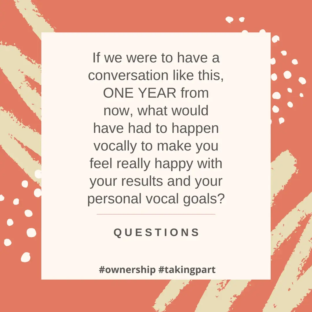 Infographic asking adult classical singers what vocal progress and personal singing goals they would like to achieve over the next year, encouraging ownership and purposeful singing practice.