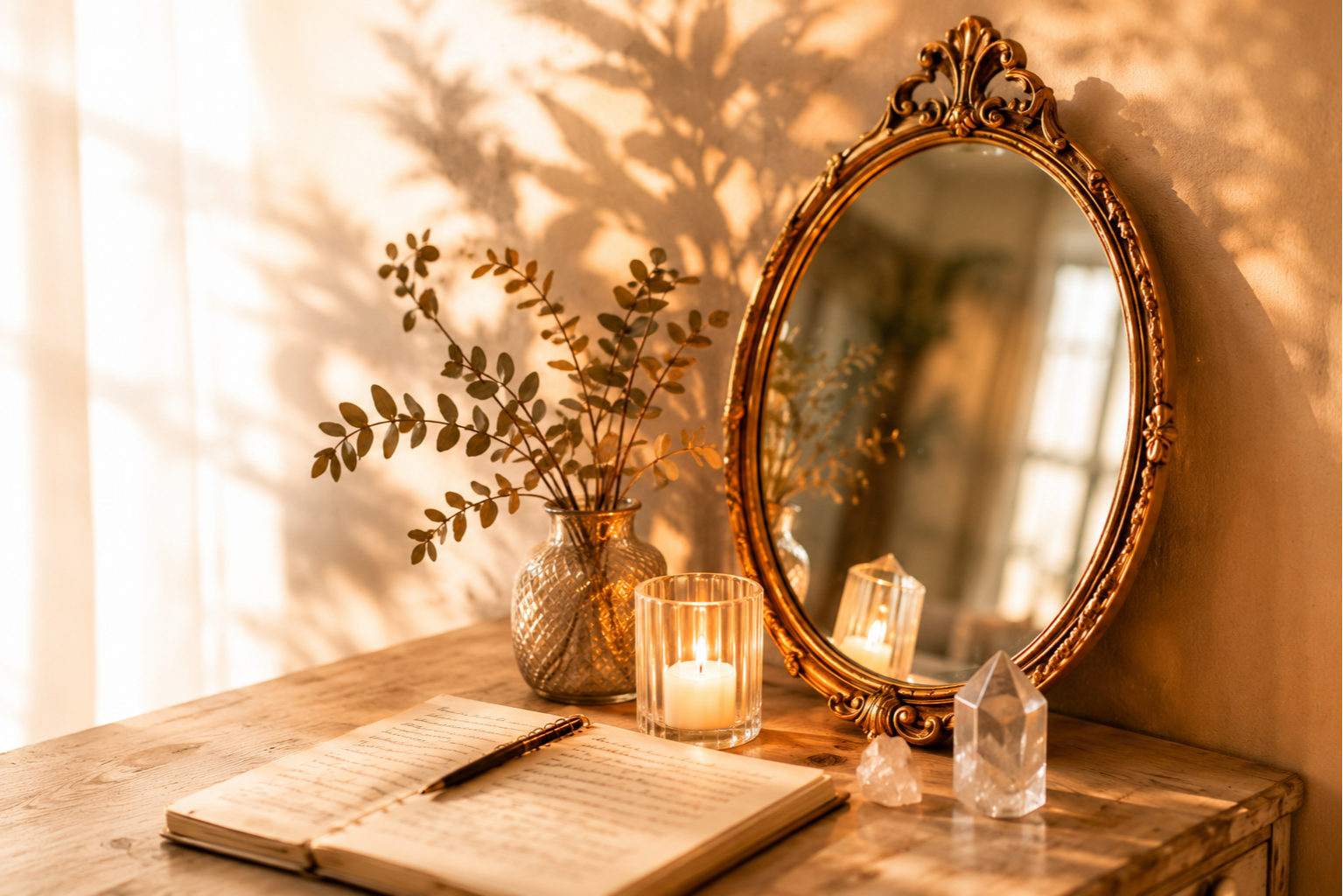 Mirror, candles and crystal still life