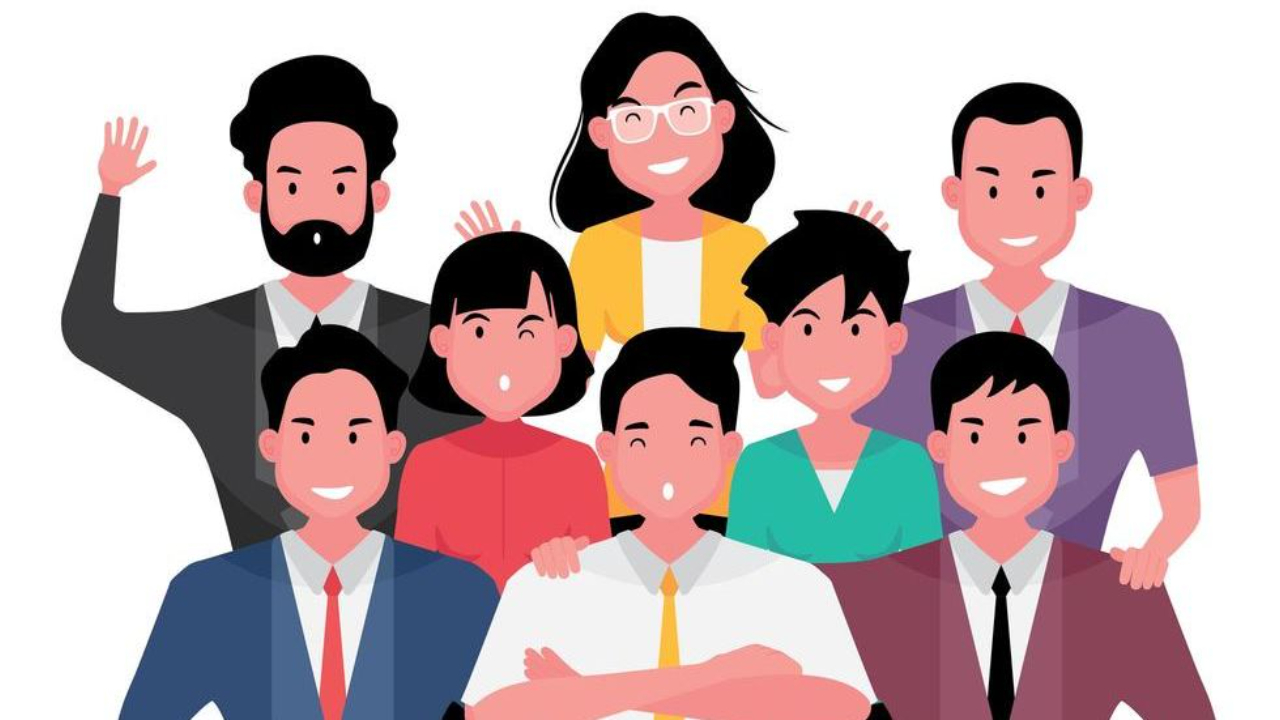 Illustration of a group of 8 people, smiling