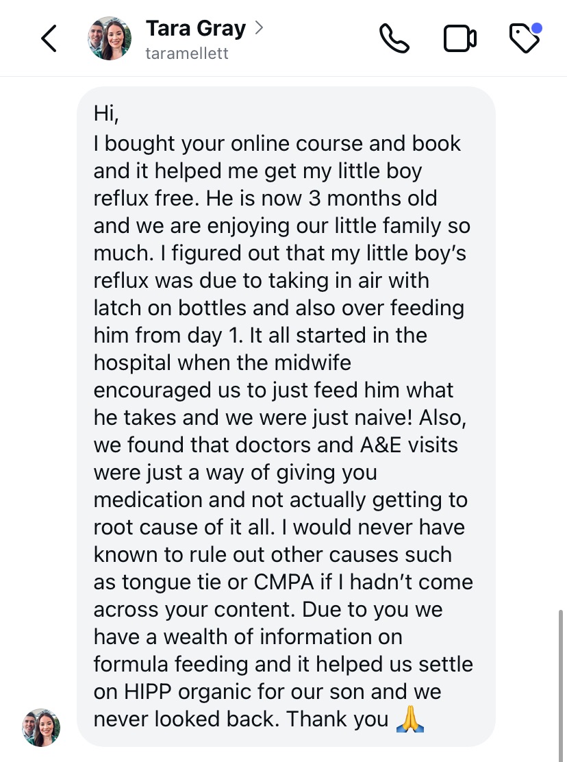 A parent sharing how the Reflux Roadmap helped them identify their baby’s reflux was caused by air intake, bottle latch issues, and CMPA, leading to relief and a calm, happy baby.