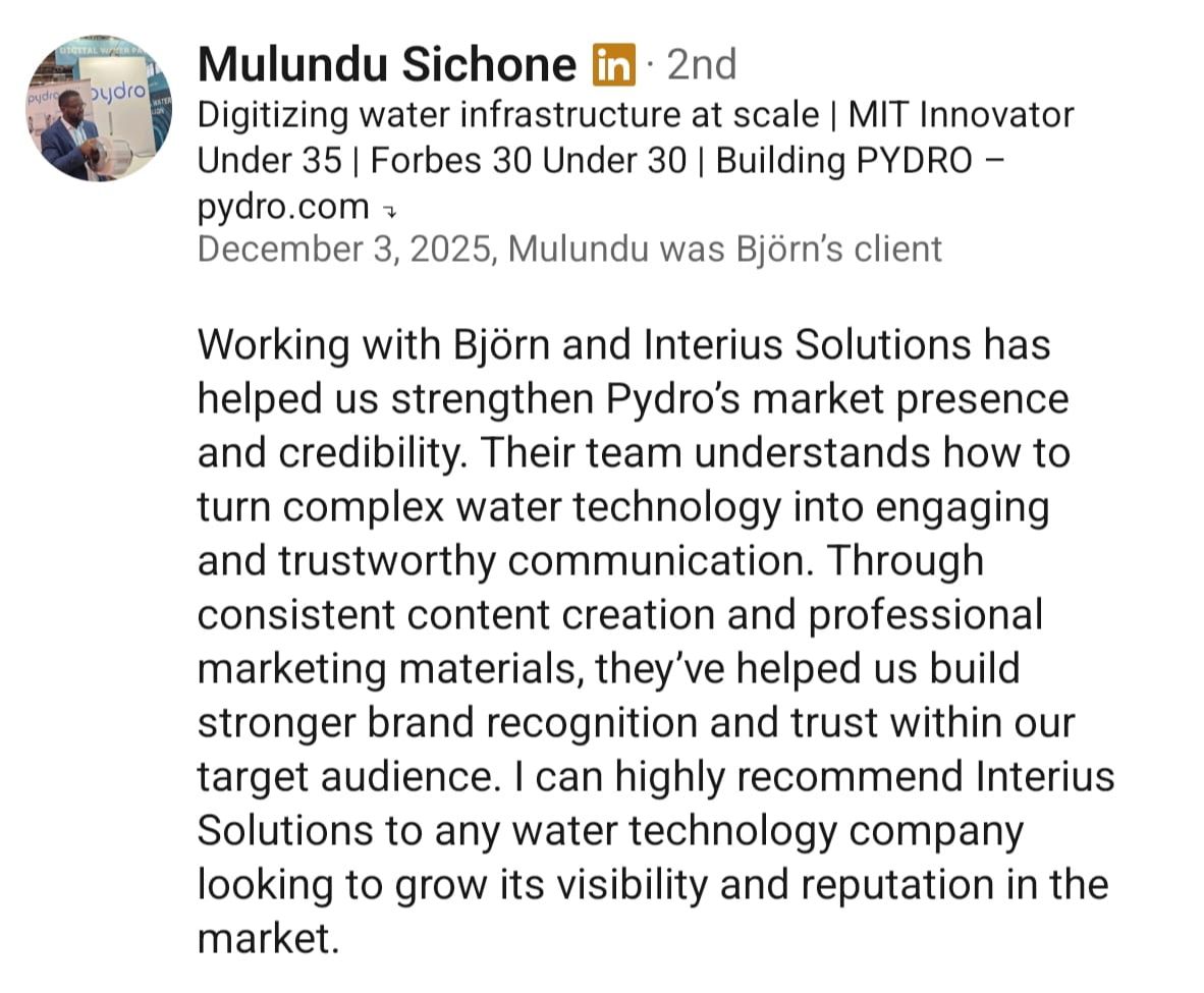 Mulundu Sichone, founder of Pydro, testimonial about Interius Solutions and water technology marketing
