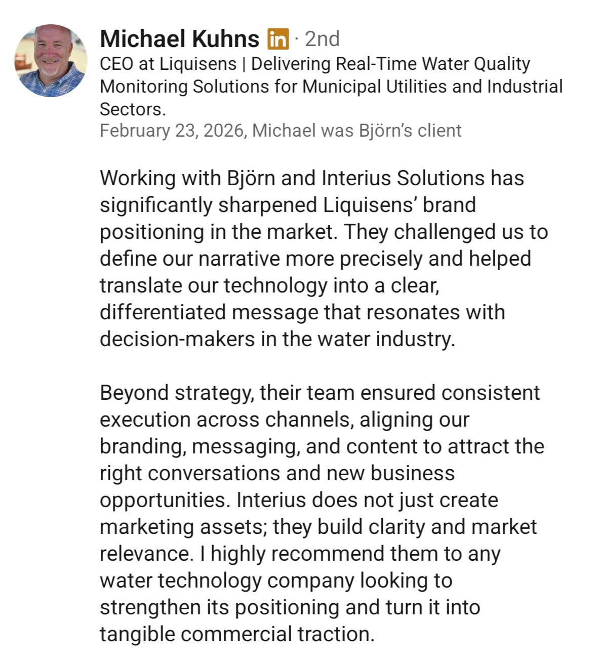 Michael Kuhns, CEO of Liquisens, testimonial about Interius Solutions water marketing expertise