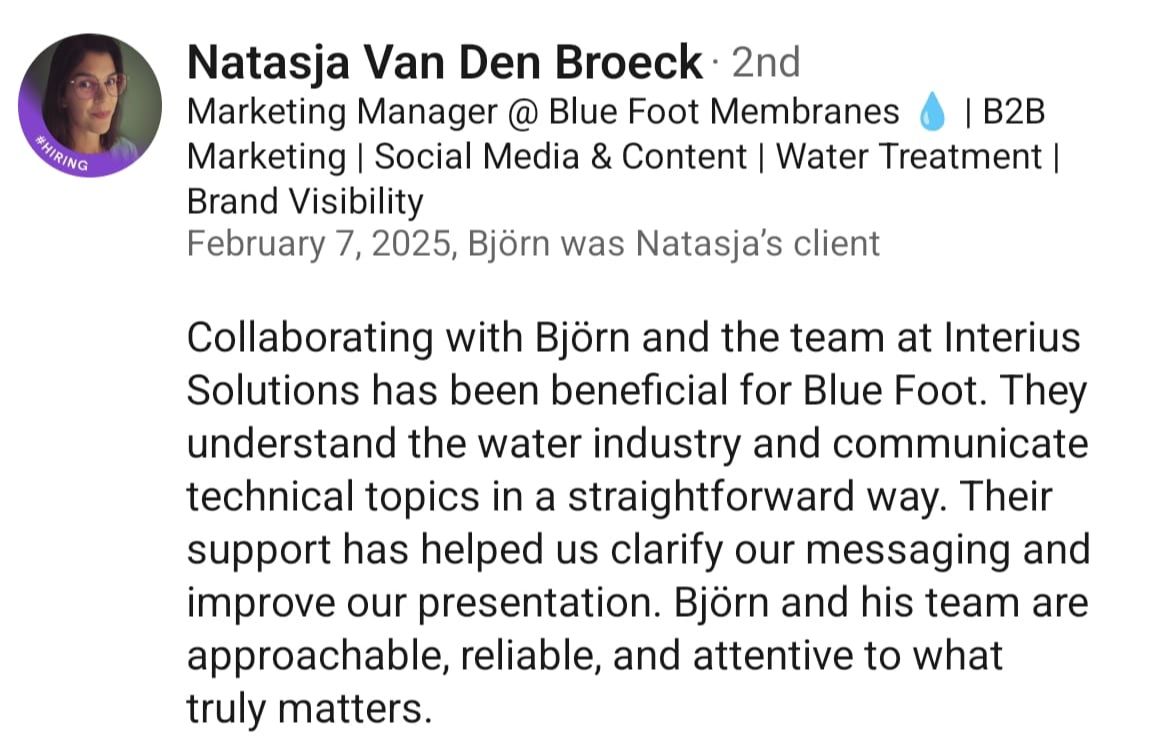 Natasja Van Den Broeck, Marketing Manager at Blue Foot Membranes, testimonial about Interius Solutions