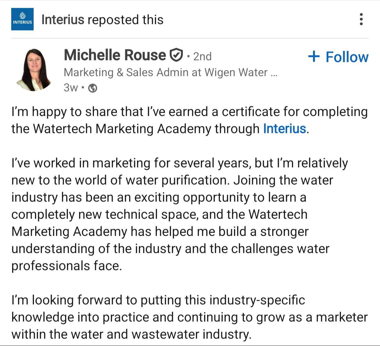Testimonial for Watertech Marketing Academy