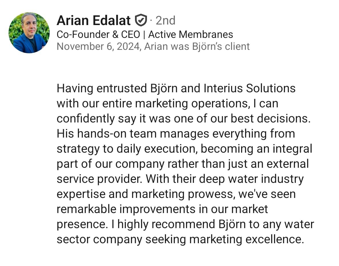 Arian Edalat, Co Founder and CEO of Active Membranes, testimonial for Interius Solutions