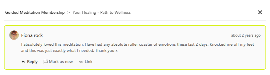 Testimonial from Fiona Rock: "I absolutely loved this meditation. Have had any absolute roller coaster of emotions these last 2 days. Knocked me off my feet and this was just exactly what I needed. Thank you x " (Your Healing Path to Wellness Journey)