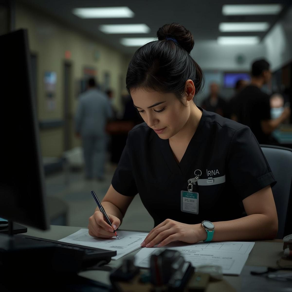 image of woman in a hospital sitting down at a desk writing on a document
