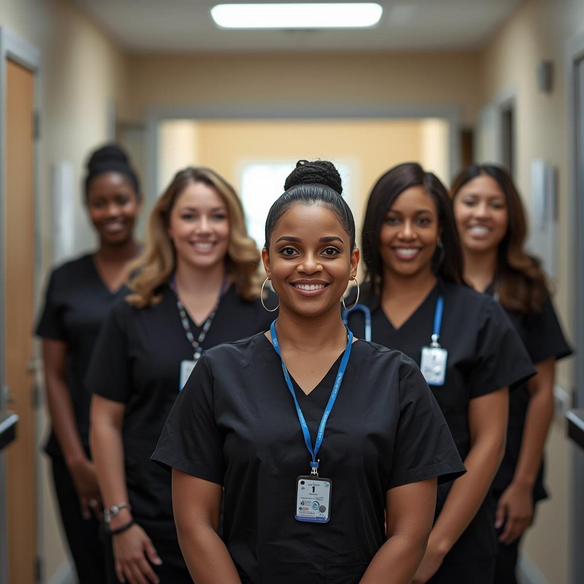 a group of diverse women smiling beautifully with their medical uniforms on