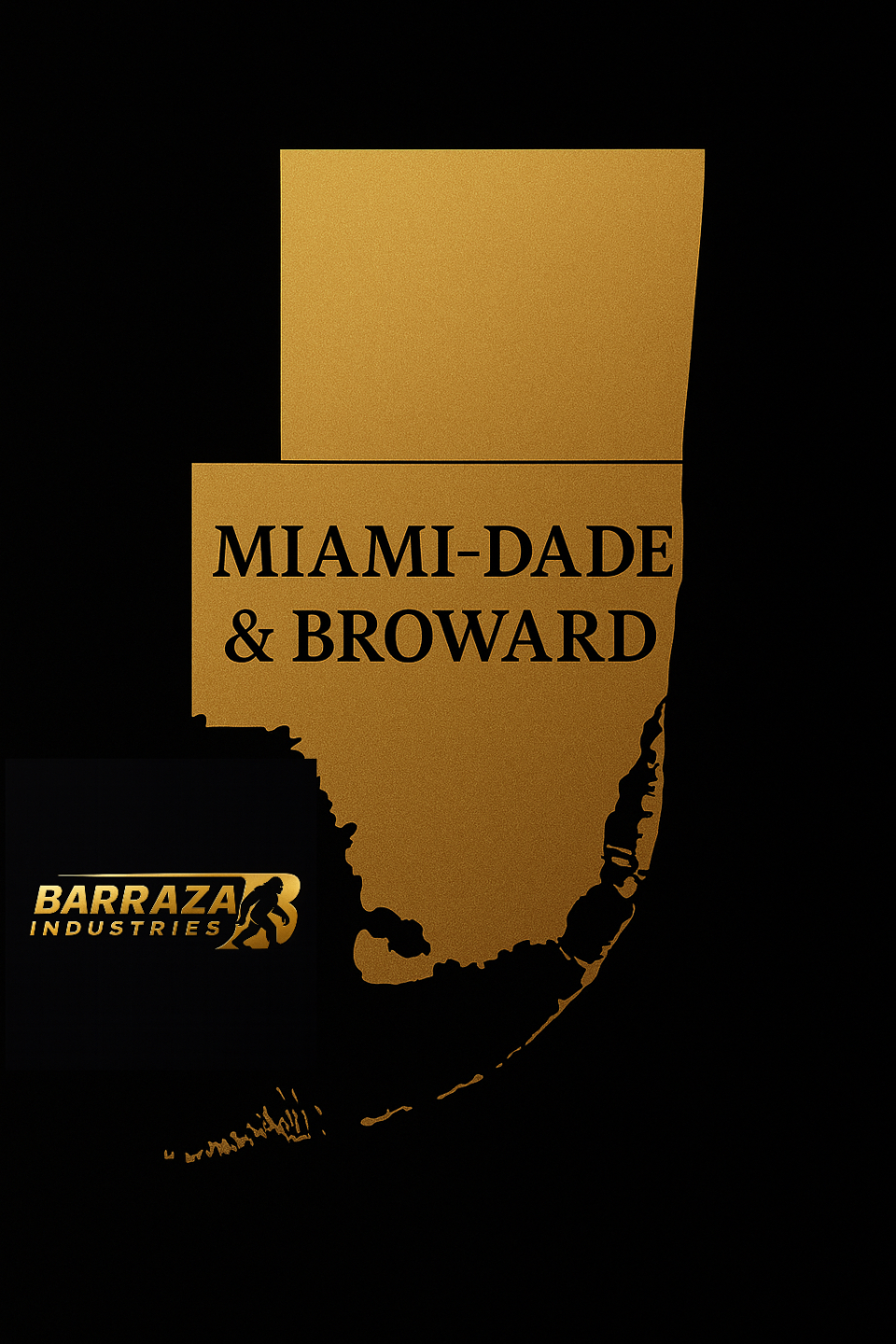 Map of Barraza Industries service areas across Miami-Dade and Broward Counties, including Miami, Brickell, Doral, Hialeah, Miami Beach, Kendall, Homestead, Hollywood, Miramar, Pembroke Pines, Fort Lauderdale, Weston, Plantation, and Sunrise.