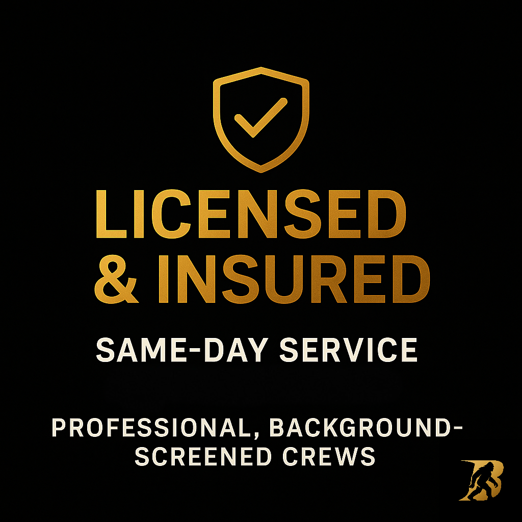 Gold-on-black Barraza Industries badge displaying “Licensed & Insured,” “Same-Day Service,” and “Professional, Background-Screened Crews,” representing the company’s professionalism, safety, and reliability across Miami and South Florida.