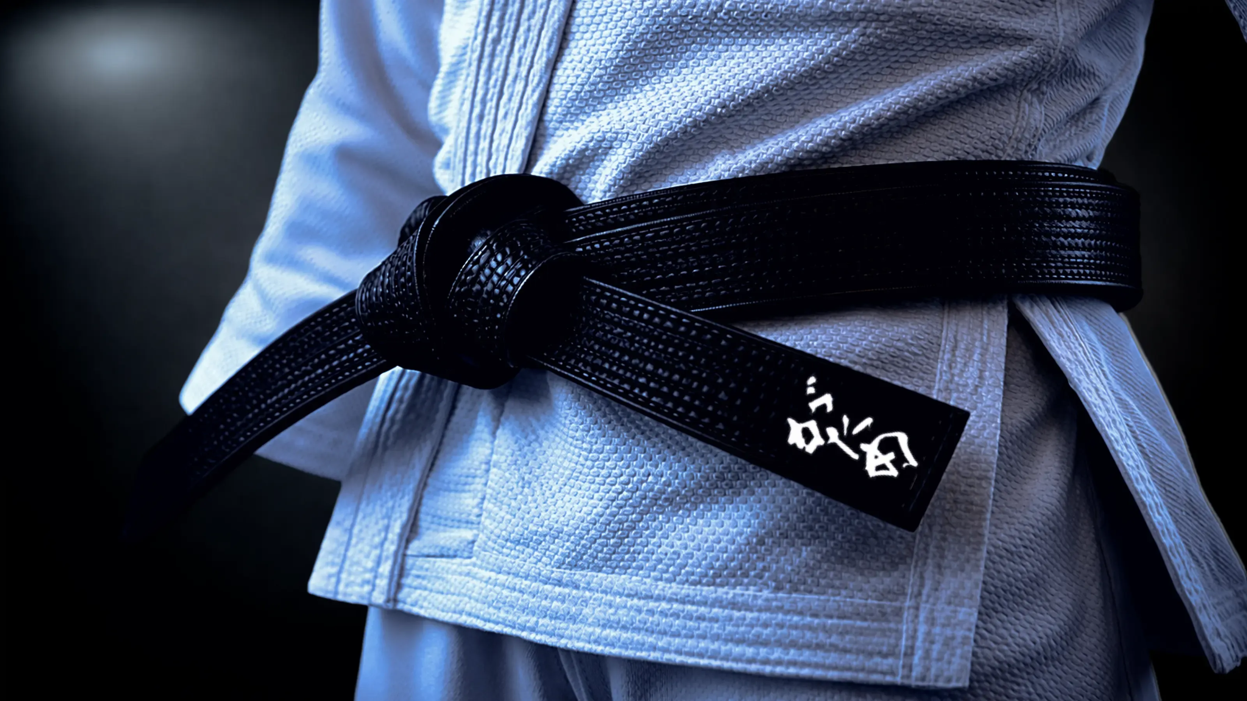 Black belt judoka in dramatic lighting