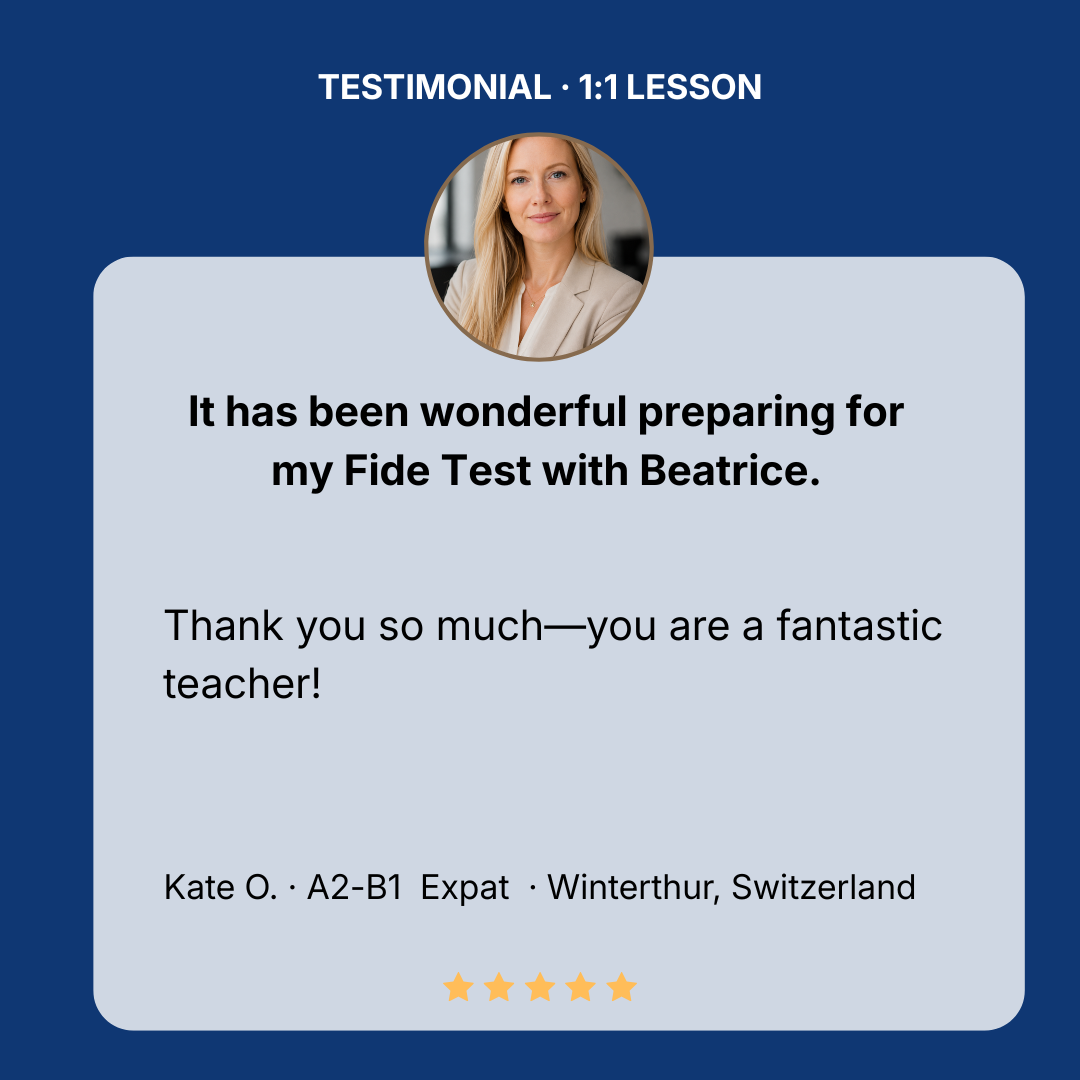 A2–B1 expat in Winterthur thanking her German teacher after preparing for the Fide Test in Switzerland.