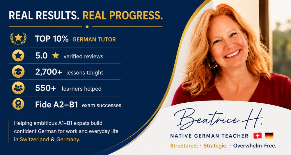 Footer Logo - Beatrice, native German teacher for A1–B1 expats in Switzerland and Germany, with 2,700+ lessons taught, 550+ learners helped and Fide exam successes.