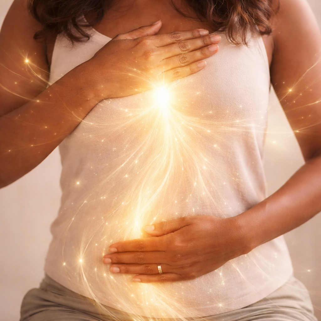 Maria Furlano meditating in front of many tree roots (black and white image)