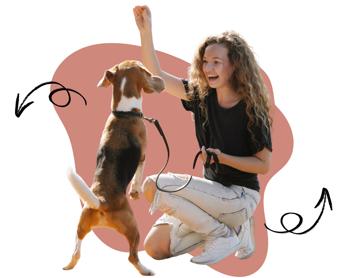 Happy dog practicing obedience with trainer Maya Jedlicka