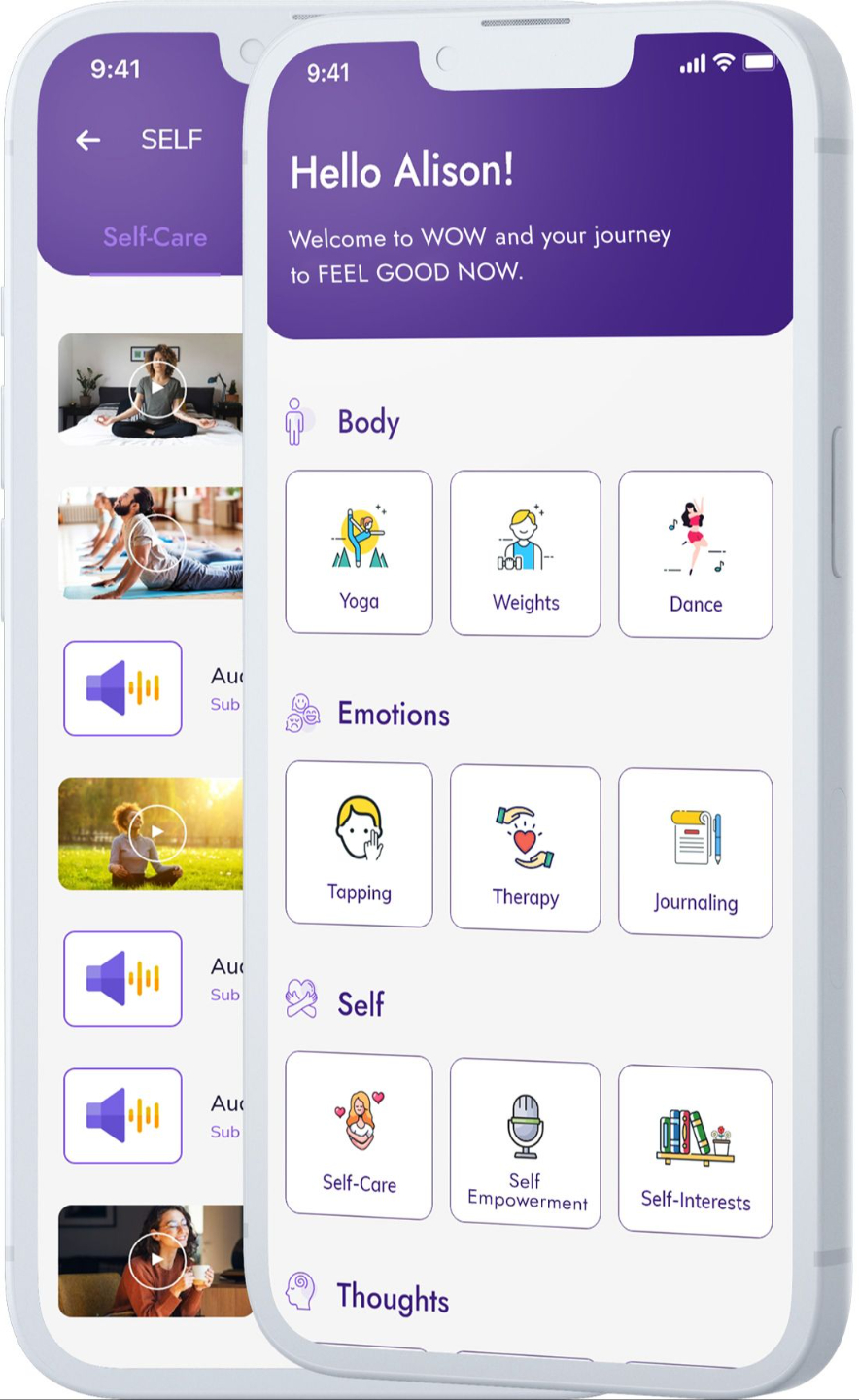 Mobile app interface displaying self-care options across categories like Body, Emotions, Self, and Thoughts, with activities such as Yoga, Therapy, Journaling, and Self-Empowerment. The screen welcomes a user named Alison with a purple and white theme.
