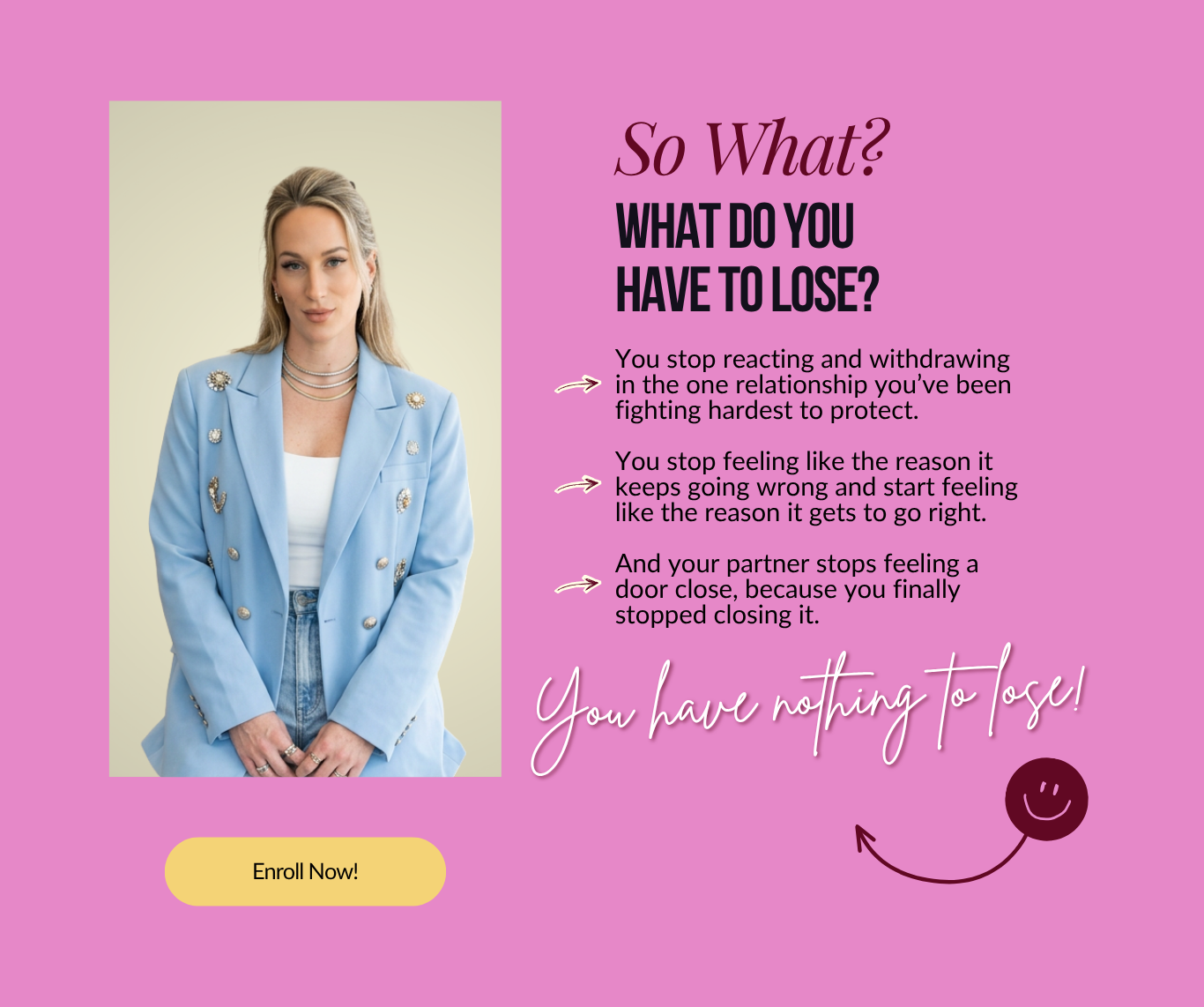 Stop reacting and pulling away in the relationship you have been fighting hardest to protect, so your partner stops feeling a door close. Apply to enroll