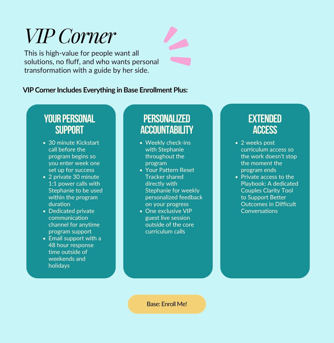 VIP Corner includes everything in Base Enrollment plus personal support, weekly check-ins with Stephanie, and extended access for deeper one-on-one guidance