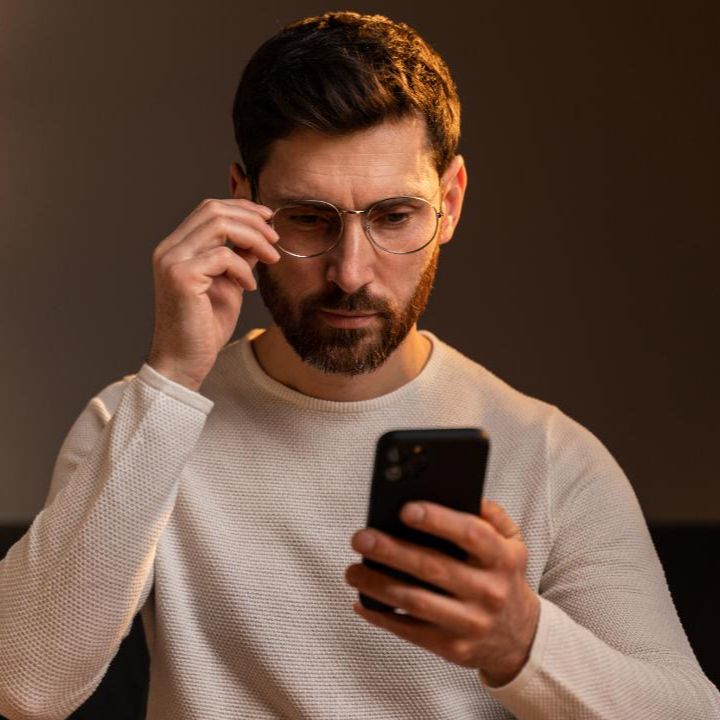 Young man looking at his phone, adjusting his glasses