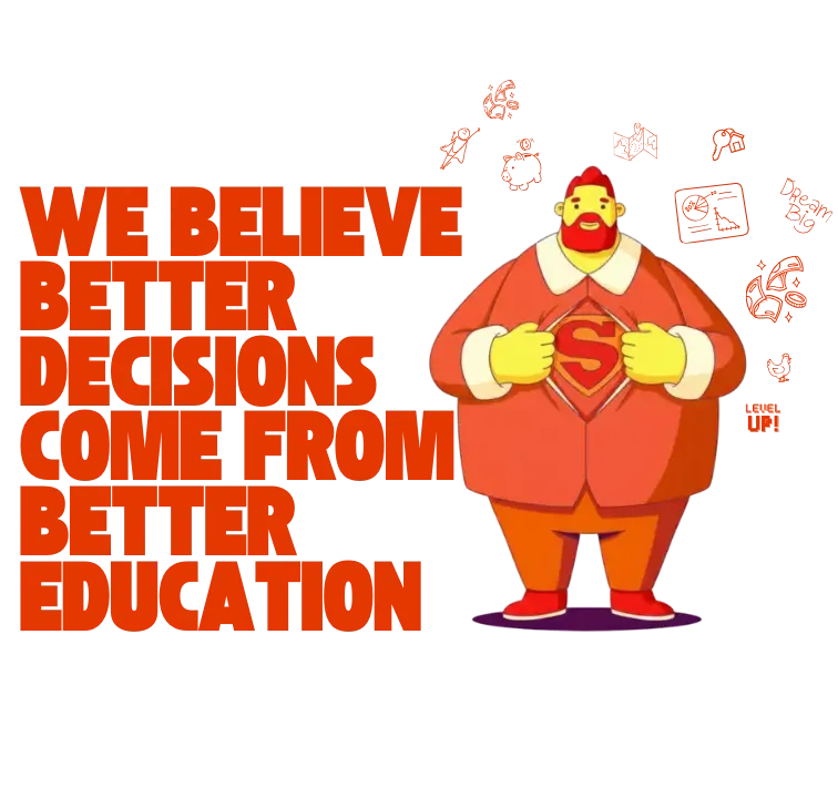 Smiling woman in an orange blazer, surrounded by financial icons like an investment chart, dollar sign, email notification, and a UFO. Represents Life Sumo's engaging approach to wealth management, financial planning, and investment education, designed to make finance accessible and empowering.