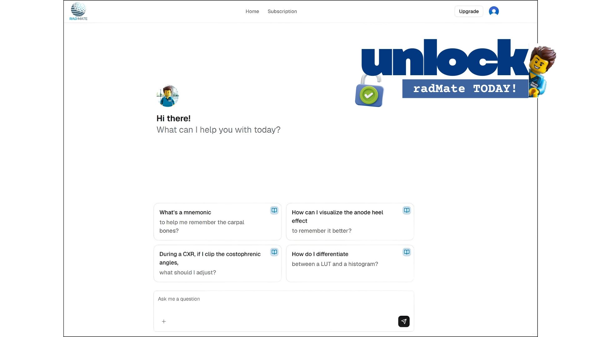 Screenshot of RadMate homepage with AI assistant interface offering radiology study questions and tips for medical students