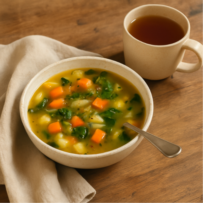 A cozy close-up of a nourishing bowl of vegetable soup with carrots, greens, and potatoes beside a mug of tea on a wooden table. A linen napkin and natural light create a calm, real-life scene that reflects GRWL’s approach to conscious eating and savoring every bite with mindfulness and warmth.