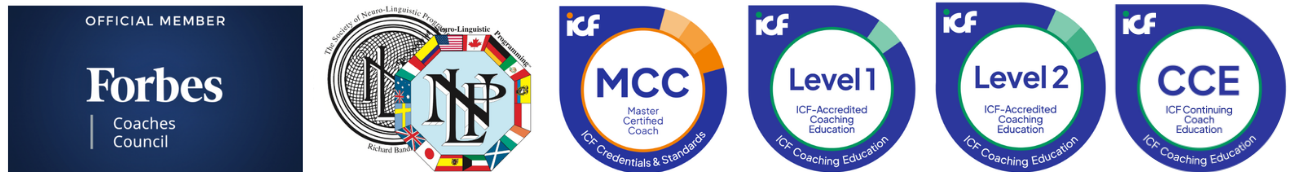Shiny Unsal Harvard Business School, UCLA Extension, NLP, ICF MCC, Forbes Coaching Council, CCE Logo 