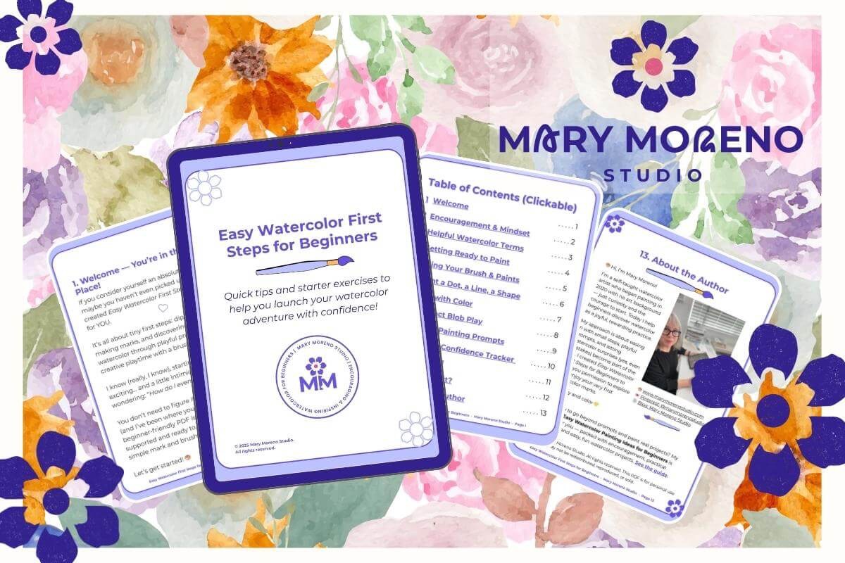 Mock-up of beginner guide titled "Easy Watercolor First Steps for Beginners"