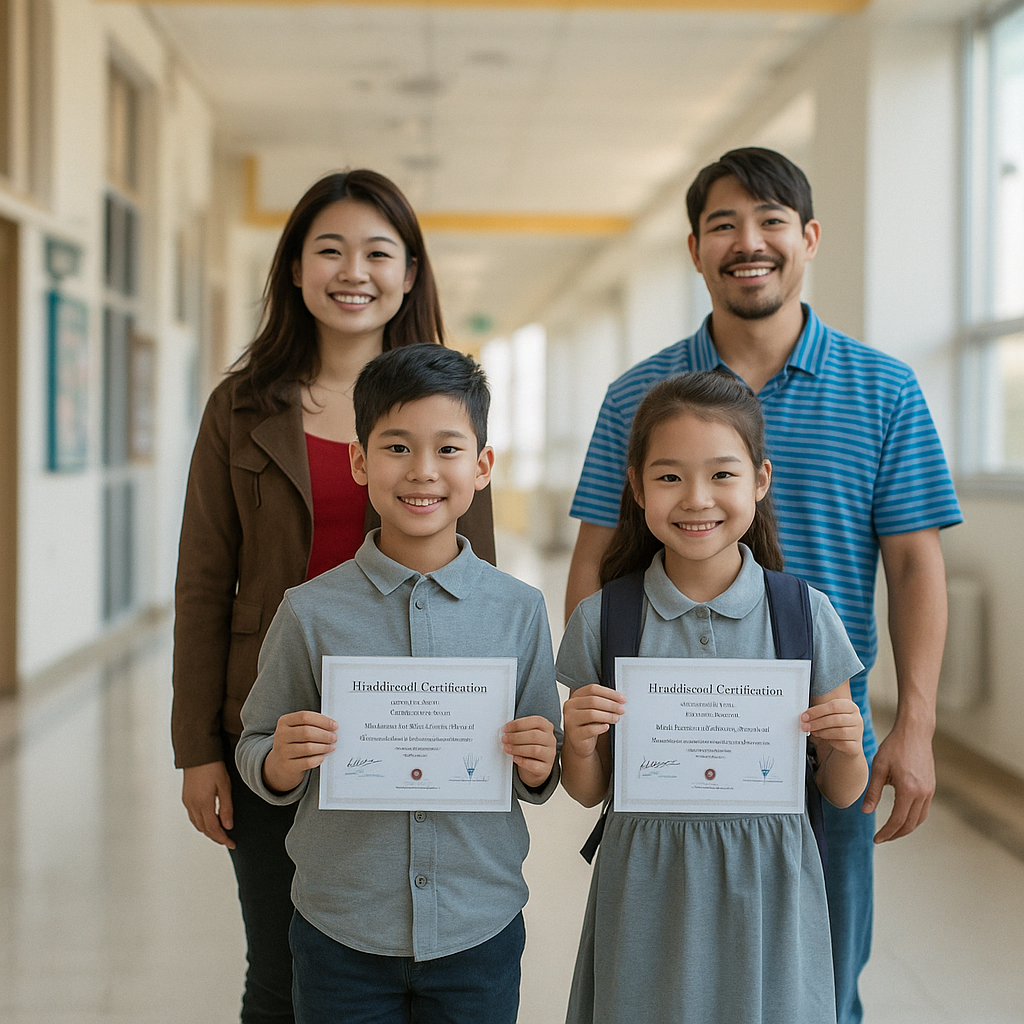 Happy confident children holding certificates with parents