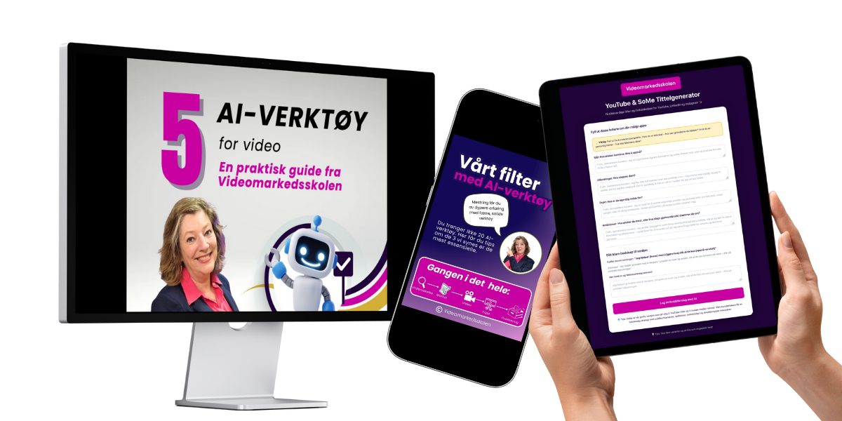 Illustrasjon fra Videomarkedsskolen som viser guide om AI-verktøy for video, med 3 anbefalte AI-verktøy, tittelgenerator og ressurs for å lage bedre markedsføringsvideoer raskere.