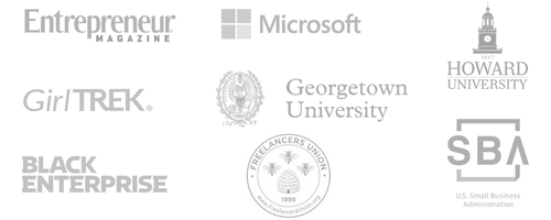 Greyscale logos for Entreprenur magazine, Microsoft, Howard University, georgetown university, GirlTrek, U.S. Small Business Administration, The Freelancers' Union