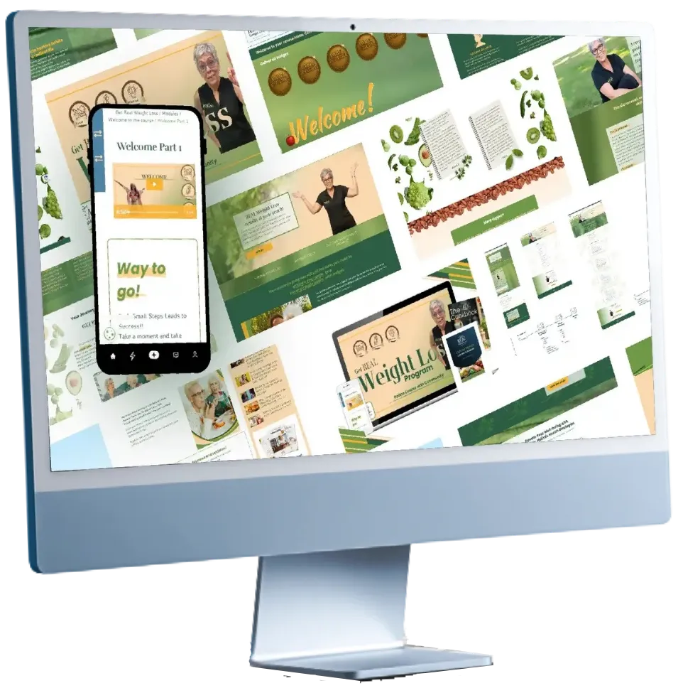 A computer screen shwing examples of previous work on a website, funnels and course build, all branded beautifully to go together. Color scheme is mainly light peach, greens and white.